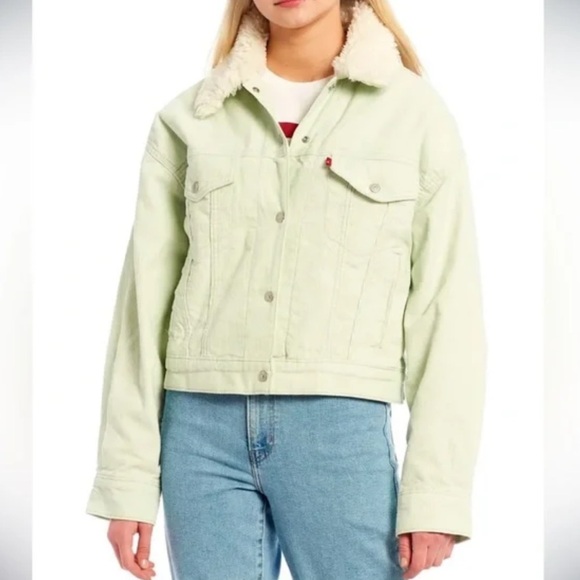 NWT Levi’s Corduroy Baby Cropped Trucker Jacket XSmall Pistachio Green Pockets - Picture 1 of 9